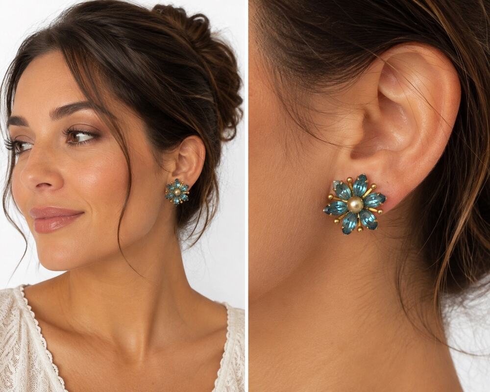 AMCO 1/20 12K Gold Filled Teal Rhinestone Floral Screw Back Earrings Vintage
